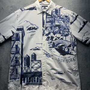 Tommy‎ Hilfiger Shirt Mens 2XL White Blue New York NYC Y2K Short Sleeve Cotton